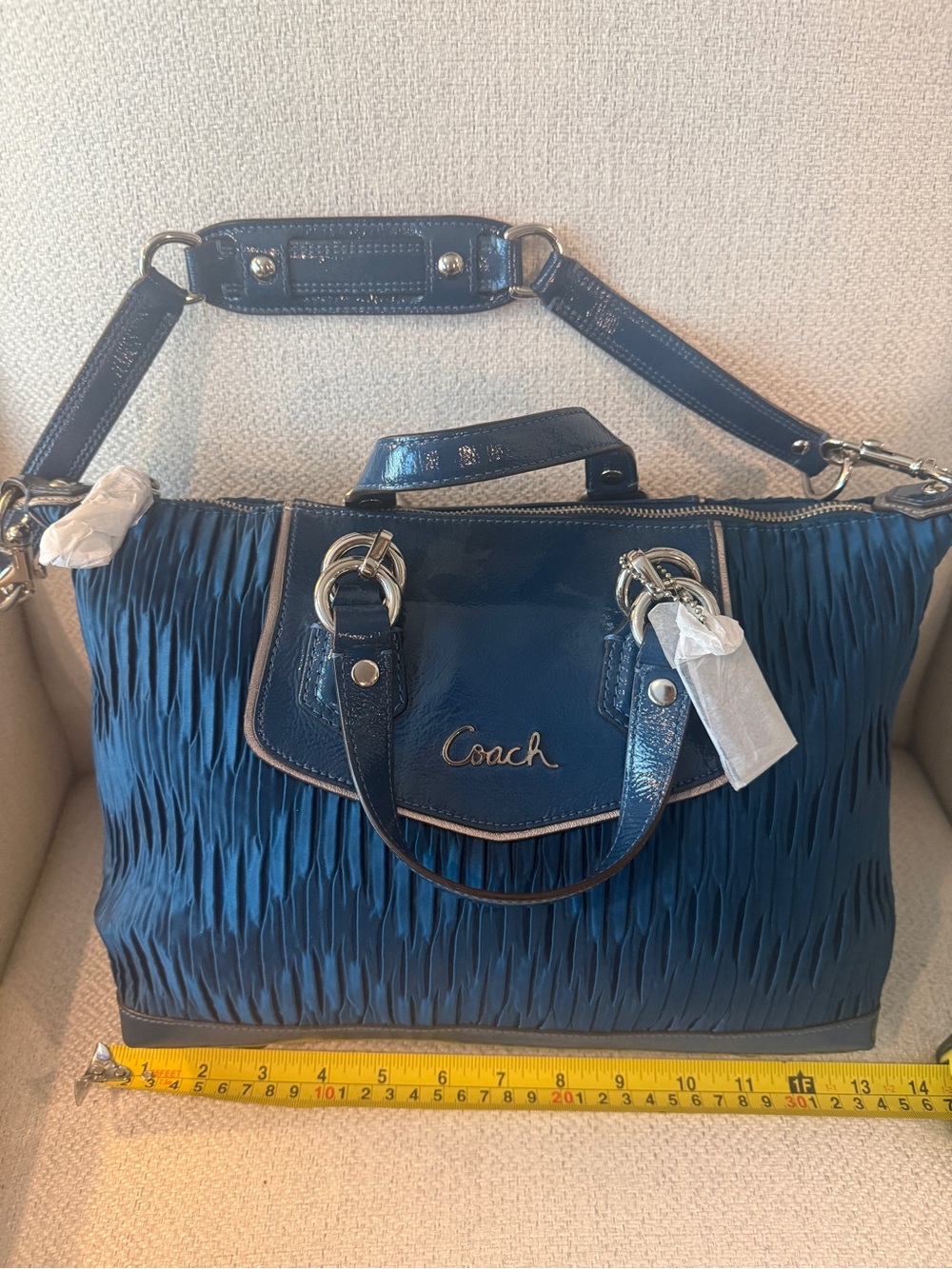 Coach Navy Pleated Patent Leather Tote with Gold Hardware